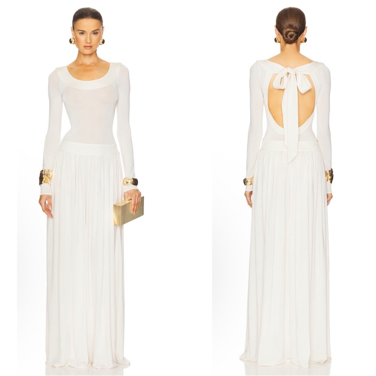 Helsa Aesther Long Sleeve Open Back Jersey White Maxi Dress Size Small